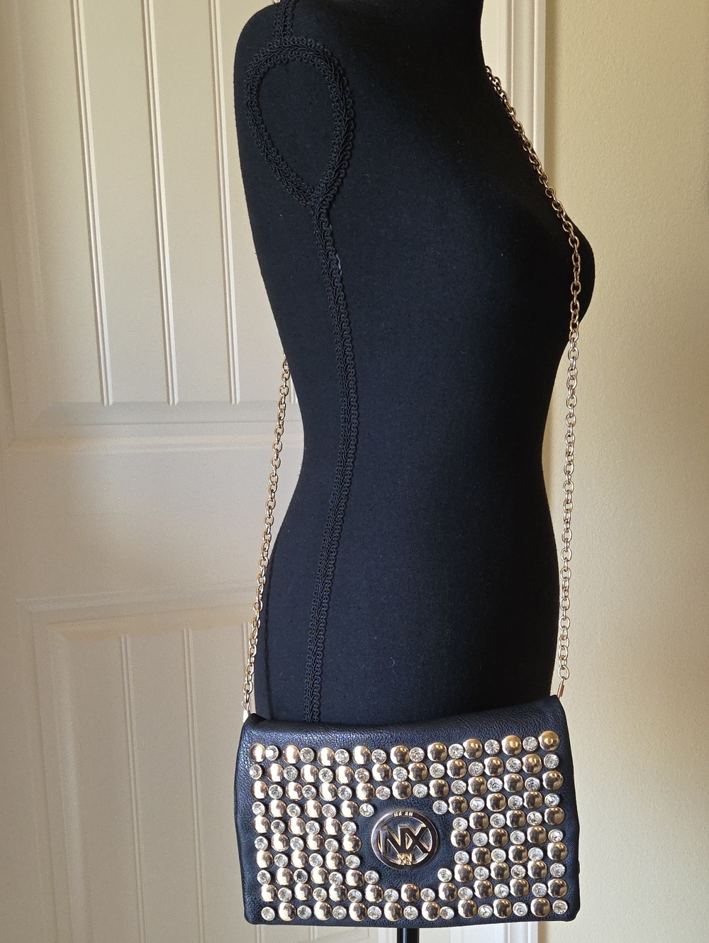 NX XN Black Crossbody Bag, Gold Chain, Gold And Rhinestone Embellishments
